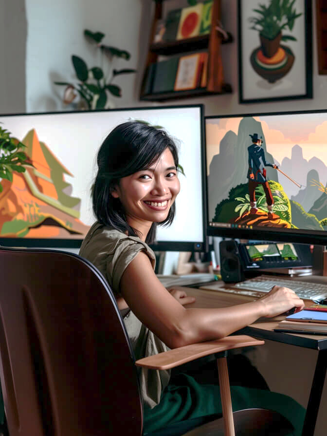asian woman sitting at desk. She has painted some digital art on her computer screen and is turning to smile at the camera